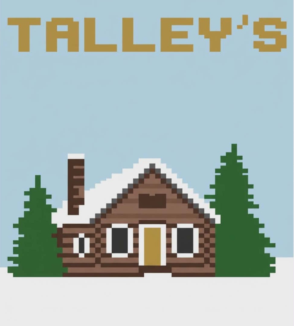 Pixelated cabin with trees and 'TALLEY'S' text on a light blue background