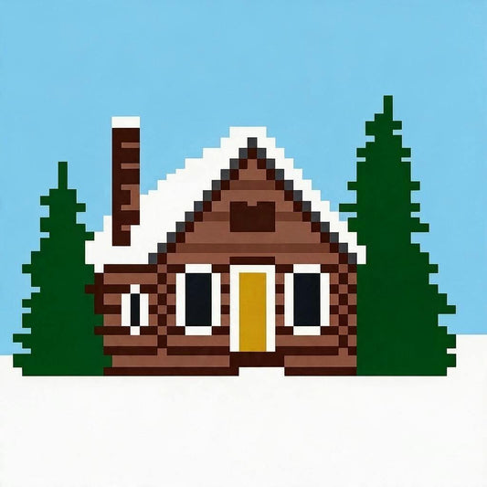 Log Cabin Chunky kbit blanket pattern with a wooden cabin with snow on the roof, surrounded by trees against a light blue background.