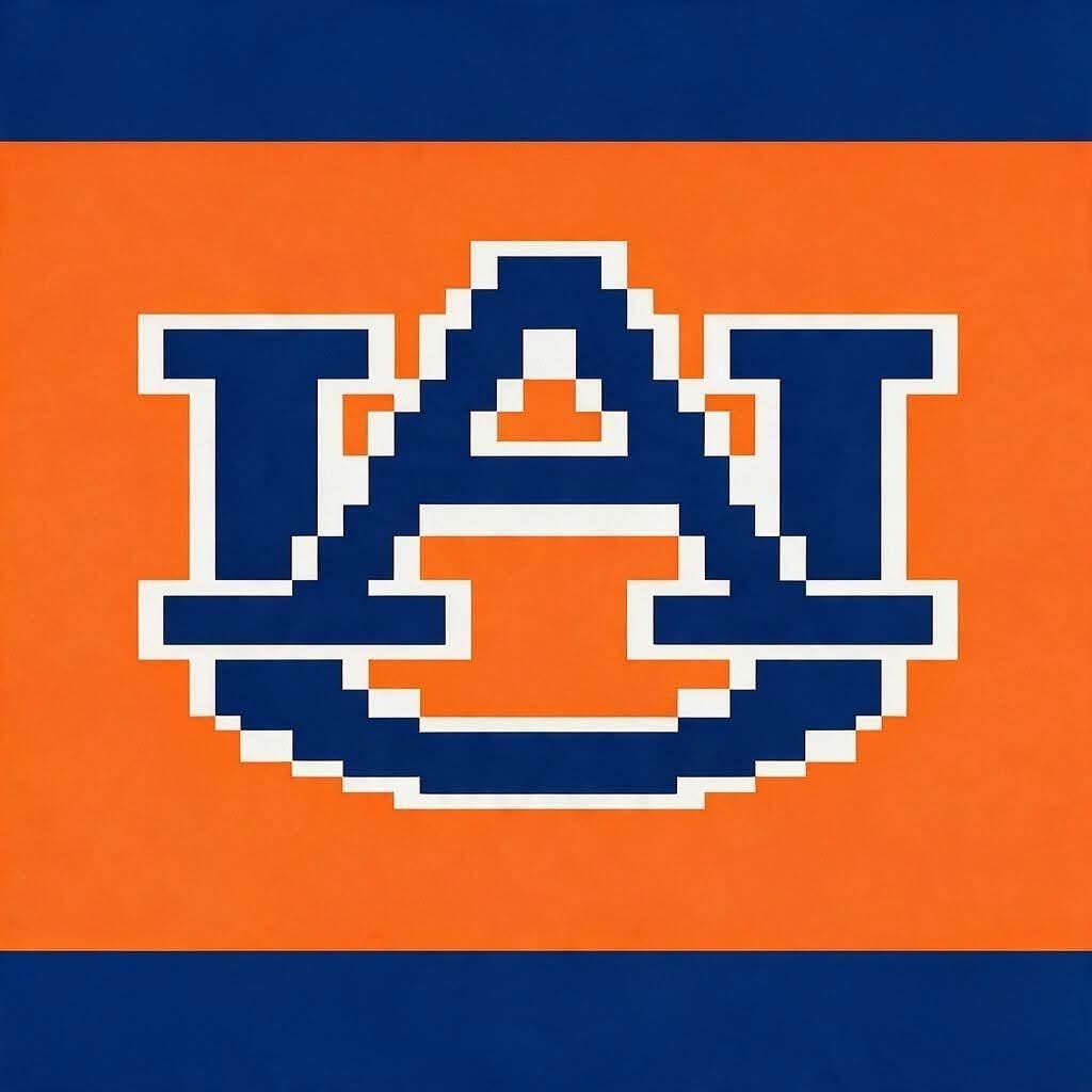 A square graphic featuring the Auburn Tigers 'Au' logo in navy blue with a white outline, centered on a bright orange background with dark blue horizontal bars at the top and bottom.