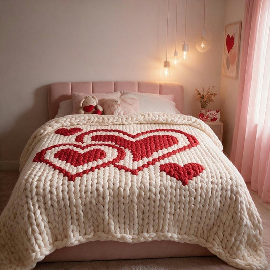 A cozy bedroom scene with a bed dressed in a chunky knit cream blanket featuring a large red heart pattern. The bed has a pink tufted headboard, pink pillows, and small stuffed animals, with warm hanging bulbs and pink curtains in the background.