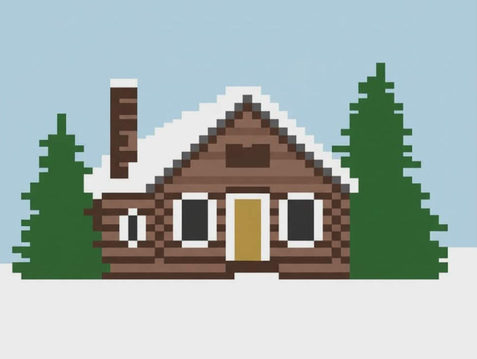 Pixelated wooden cabin with snow on the roof, surrounded by trees against a light blue background.