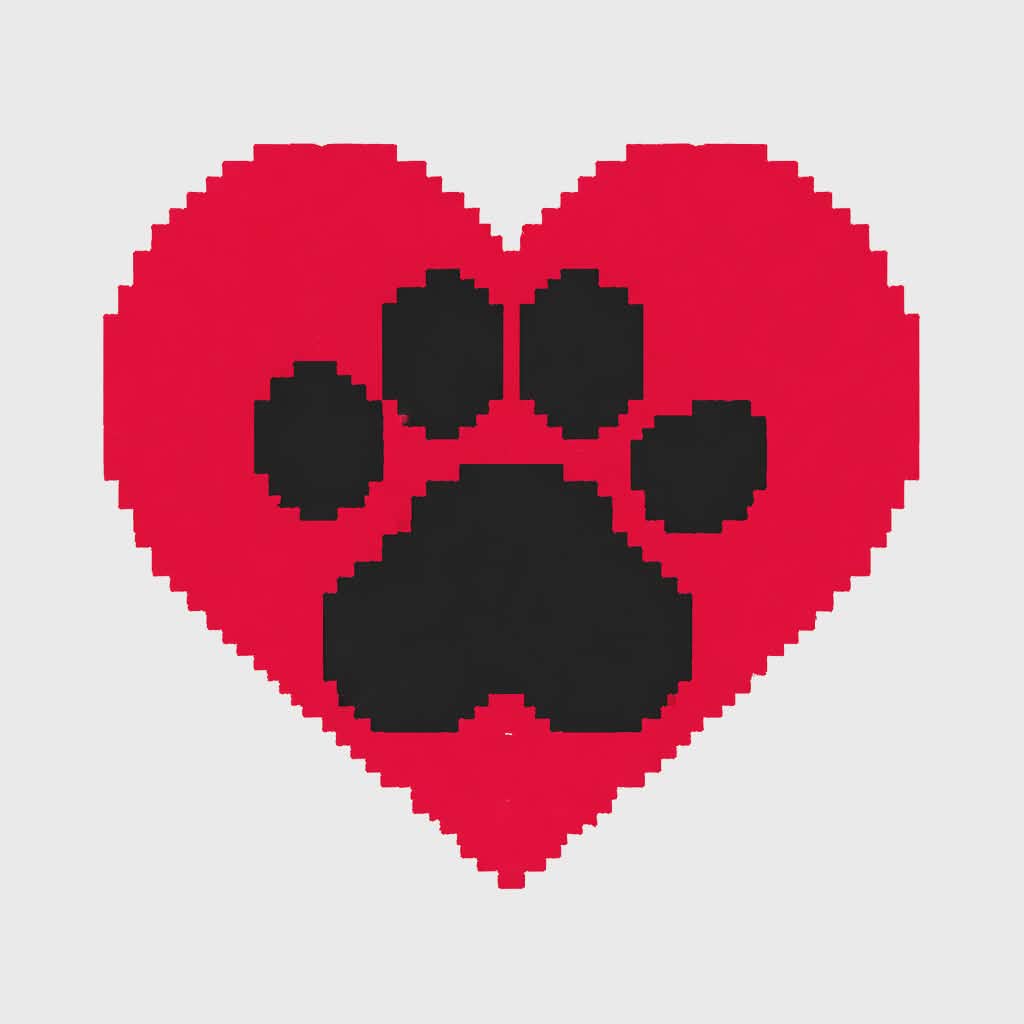 Red heart with black paw prints on a light gray background