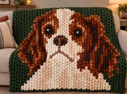 A chunky knit dog portrait throw blanket draped over a light beige sofa in a living room setting. The blanket features a detailed design of a brown and cream-colored dog on a dark green textured background.