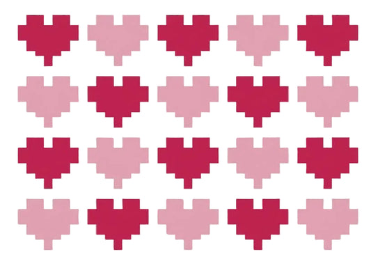 Pattern of pink and red pixelated hearts on a white background