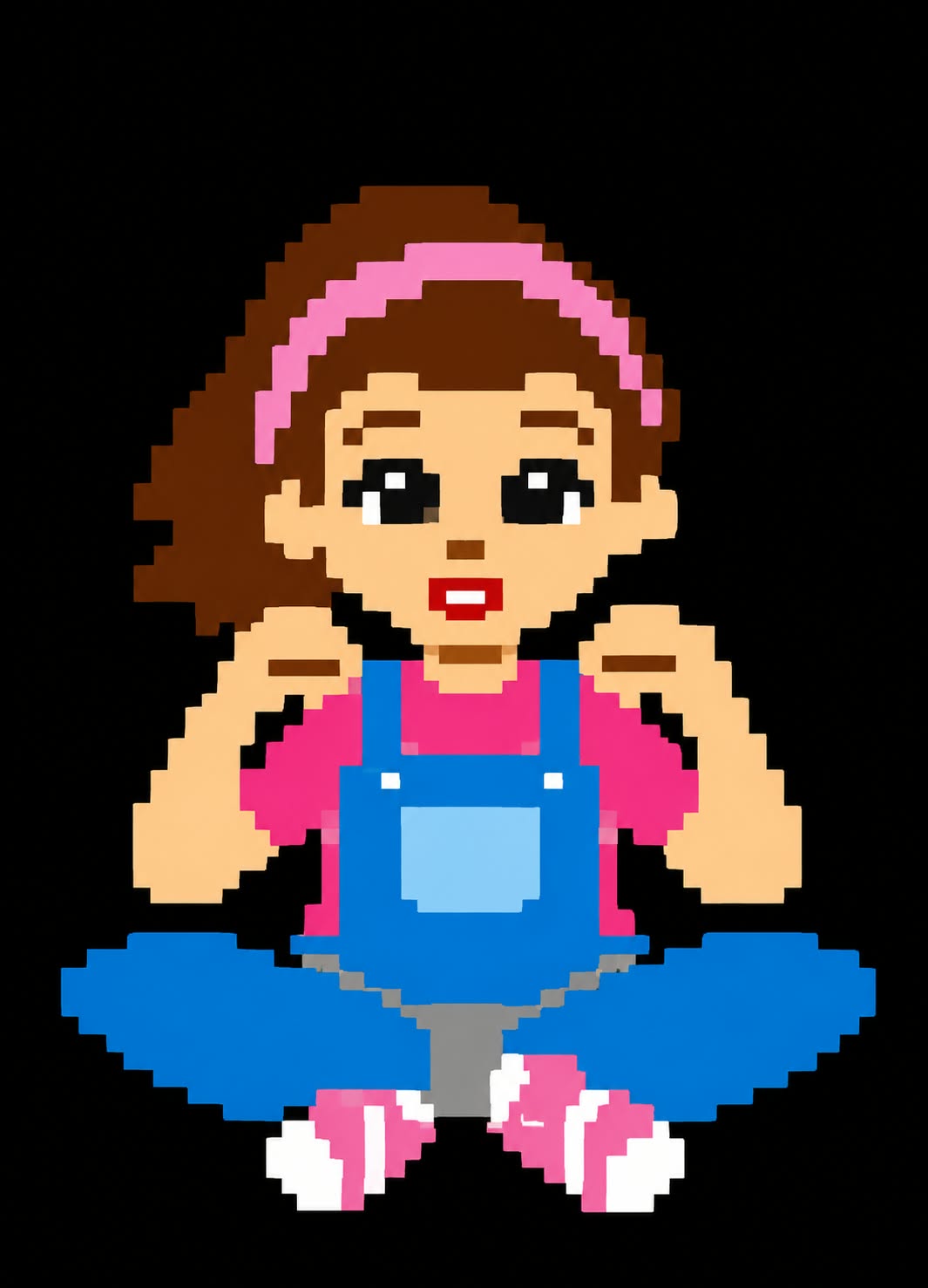 Pixel art illustration of a girl with brown hair, a pink headband, a pink shirt, blue overalls, and pink-and-white sneakers, posed cross-legged against a black background.