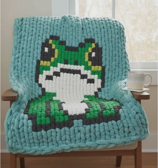 Teal knitted blanket with pixelated frog design draped over a chair.