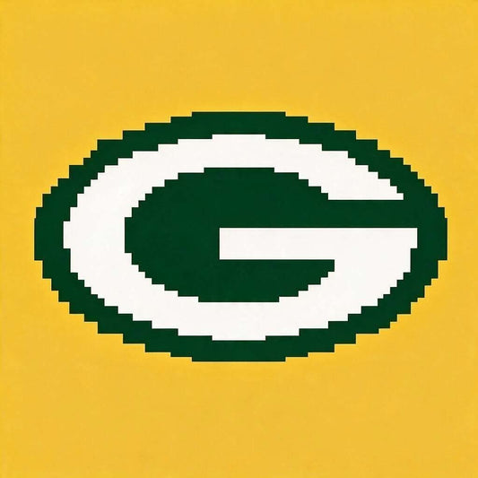 A pixel-art style Green Bay Packers logo featuring a dark green oval with a white border and a white letter G on a solid yellow background.