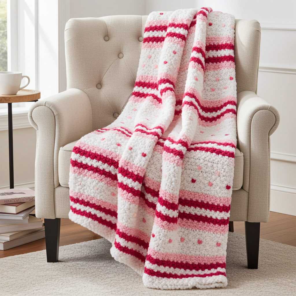 Striped red and white blanket draped over a beige armchair in a cozy living room.