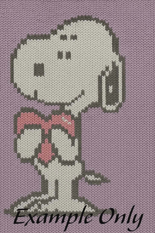 Cross-stitched pattern of a character with a bow tie on a purple background