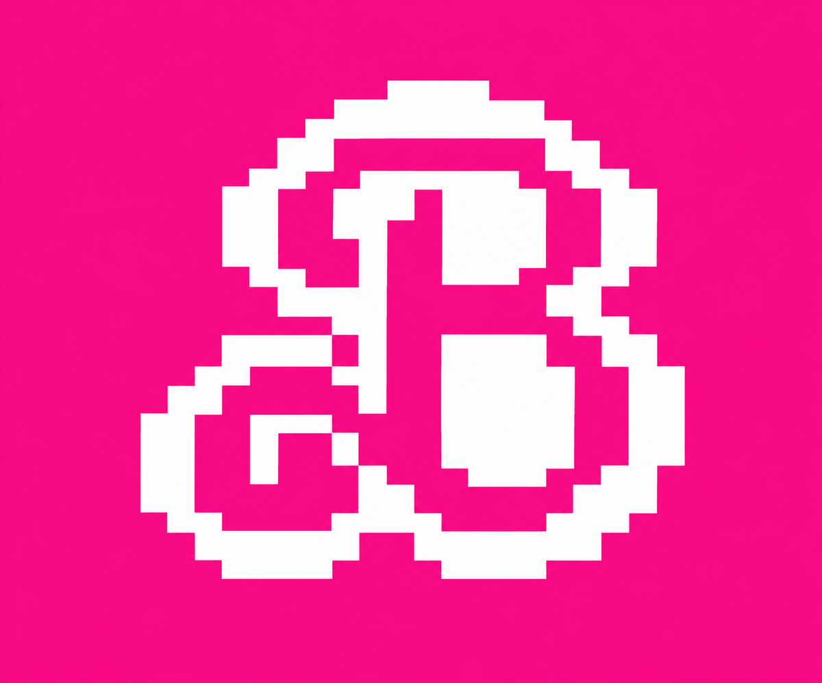 Hot pink pixel art design featuring a bold white, retro B-bit emblem on a vibrant pink background. Perfect for a Barbie-inspired chunky knit blanket pattern.