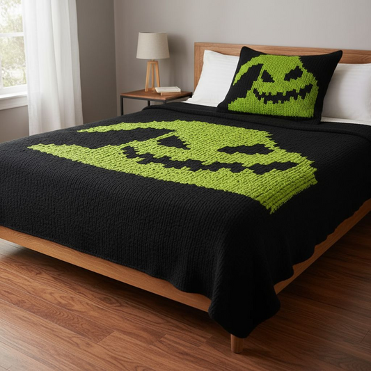 Bed with a black-and-green blanket and pillow featuring Oogie Boogie faces in a bedroom setting.