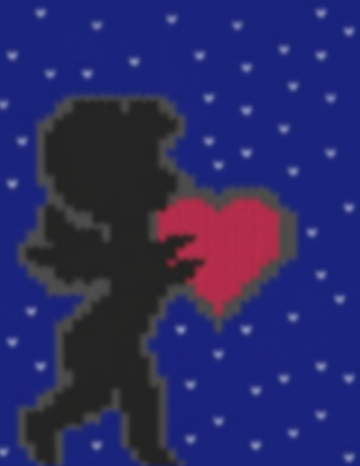 Silhouette of cupid holding a heart shape against a blue polka dot background