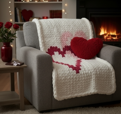 Cozy living room with a gray armchair covered by a white blanket with red heart patterns, a red heart pillow, and a fireplace in the background.