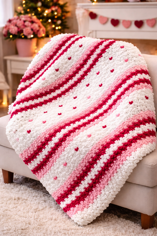 Red and white striped blanket draped over a chair with a festive background