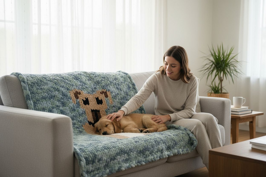 Woman petting a dog on a couch with a blanket and toy in a cozy living room.