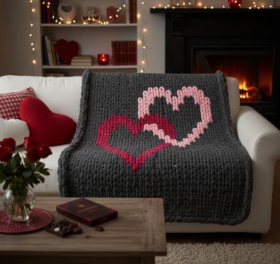 Gray knitted blanket with heart pattern draped over a white sofa in a cozy living room.