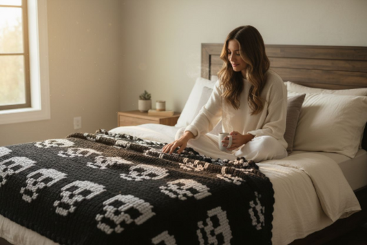 Woman sitting on a bed with a black and white Skull blanket