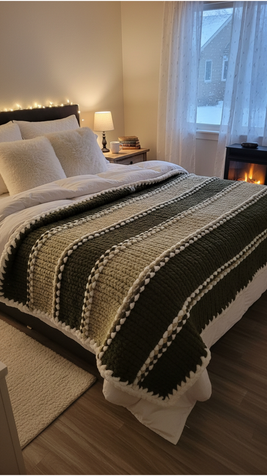 Bed with a striped blanket in a cozy bedroom setting