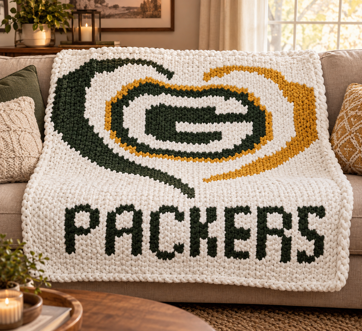 A chunky knit throw blanket draped over a beige sofa in a living room. The blanket features the Green Bay Packers logo in dark green, white, and gold, with the word "PACKERS" stitched across the bottom.