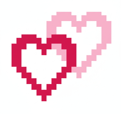 Pixelated heart shape with pink and red gradient on a white background