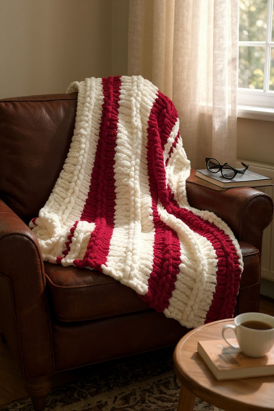 Red and white striped blanket draped over a brown leather chair with a cup of coffee and glasses on a small table.