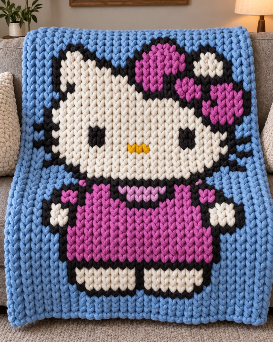 A chunky knit blanket featuring a Hello Kitty character design in pink, cream, black, and yellow, set against a solid light blue background, styled on a beige sofa.