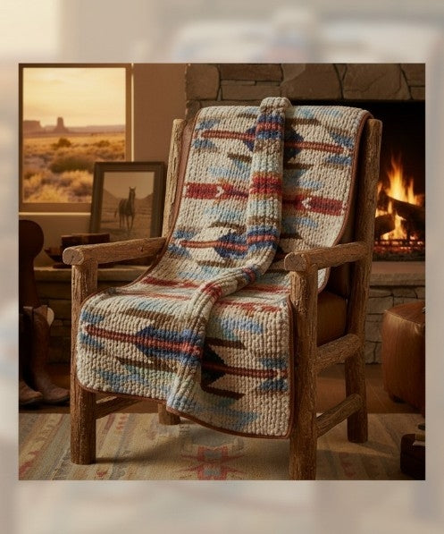 Wooden chair with a patterned blanket draped over it, set against a cozy room backdrop with a fireplace.