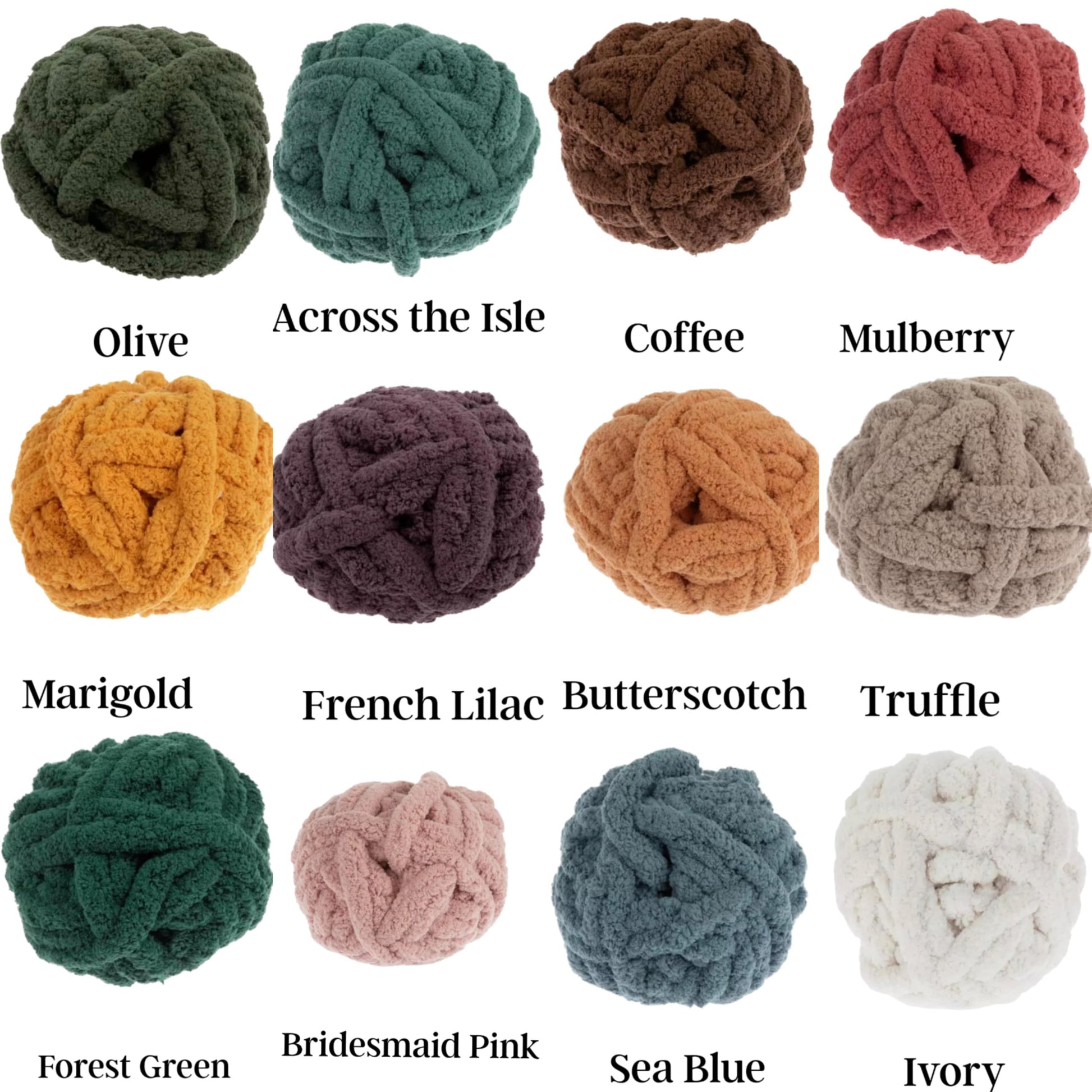 Collection of knitted yarn balls in various colors with labels.