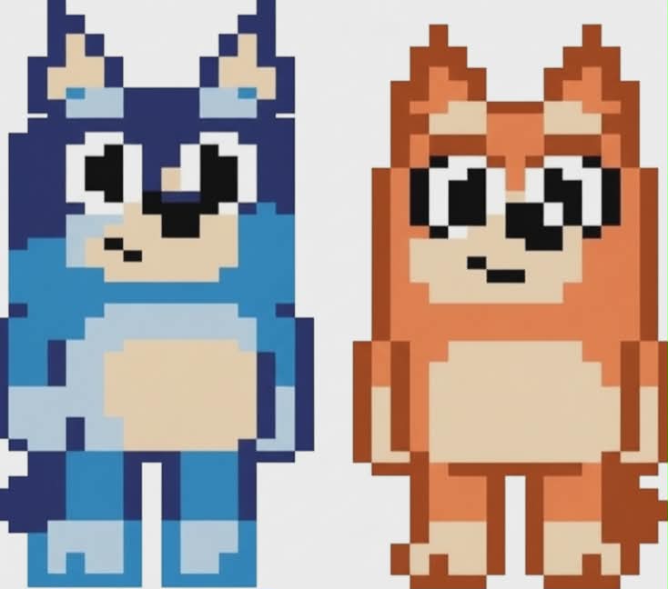 Two pixel art characters, one blue and one orange, on a light gray background.