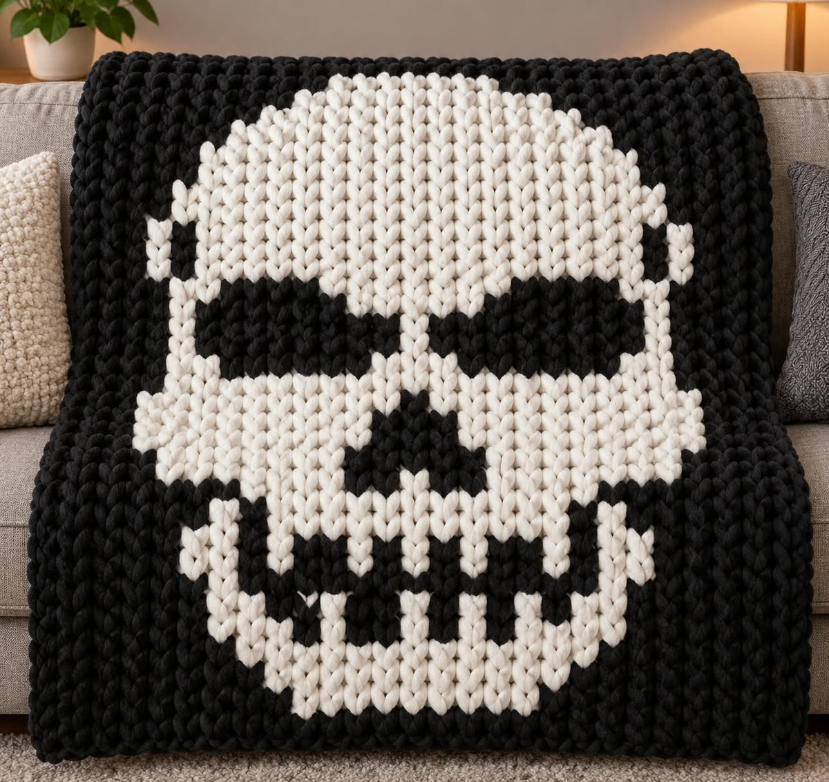 A chunky knit throw blanket featuring a large white skull design on a black background, draped over a beige sofa in a living room setting.
