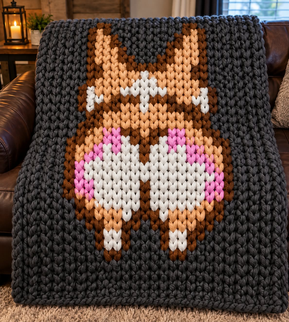 A chunky knit throw blanket featuring a stylized corgi design in tan, brown, white, and pink, set against a dark charcoal gray background. The blanket is draped over a brown leather couch in a cozy living room setting.