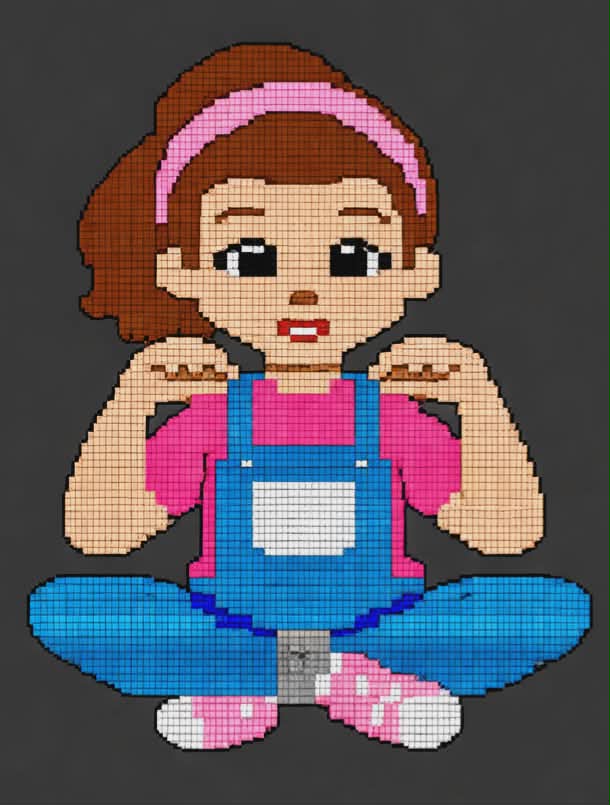 Cross-stitched design of a character wearing pink shirt, blue overalls, and pink shoes on a black background.
