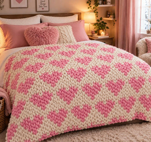 A cozy bedroom scene showing a chunky knit blanket with a pink and cream heart pattern draped over a bed, styled with pink pillows and a fluffy pink heart pillow.
