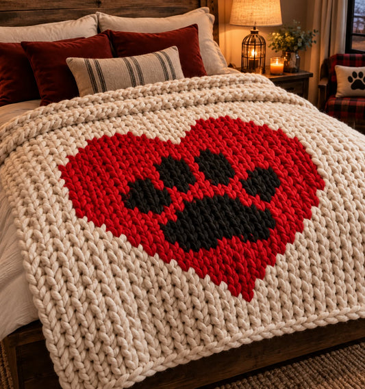 Chunky knit blanket draped over a bed in a cozy bedroom setting, featuring a large red heart with a black paw print motif in the center.