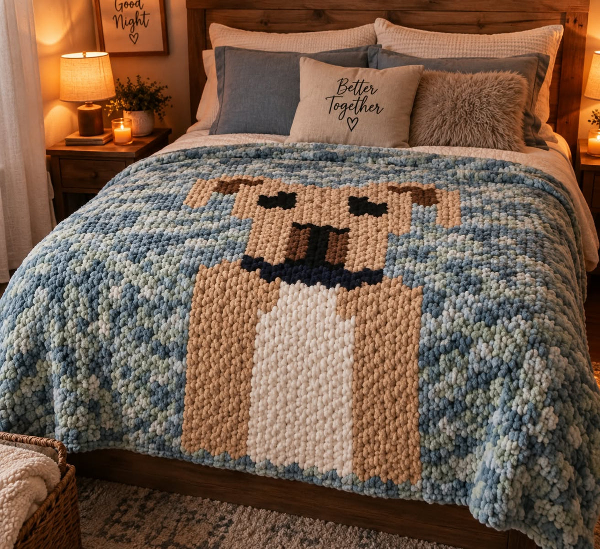 A cozy bedroom scene with a chunky knit blue-and-white blanket featuring a dog face design on the bed. The room includes matching blue pillows.