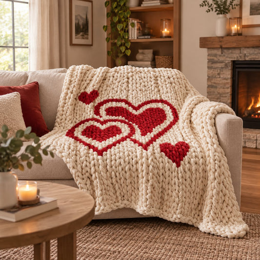 Chunky knit throw blanket draped over a beige sofa in a cozy living room, featuring large red heart motifs on a cream background.