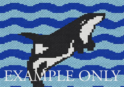 Orca whale design on a blue mosaic background with 'EXAMPLE ONLY' text.