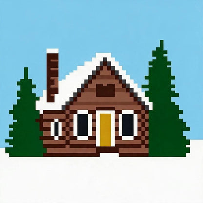 Log Cabin Chunky kbit blanket pattern with a wooden cabin with snow on the roof, surrounded by trees against a light blue background.