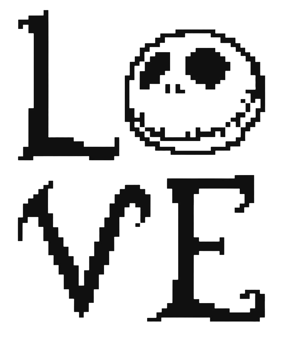 Pixelated 'LOVE' with a skull design on a white background