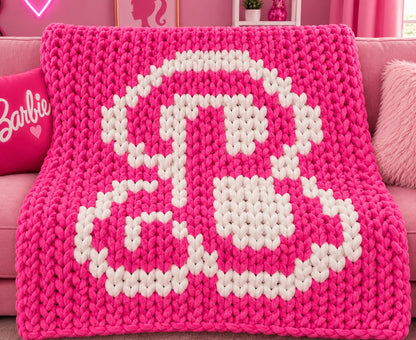 chunky knit blanket with a barbie inspired B
