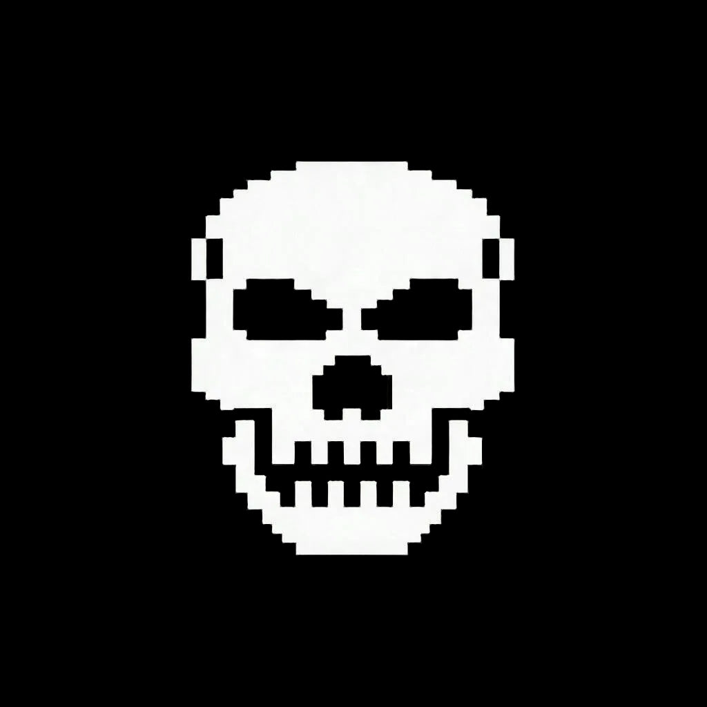 Pixelated skull icon on a black background