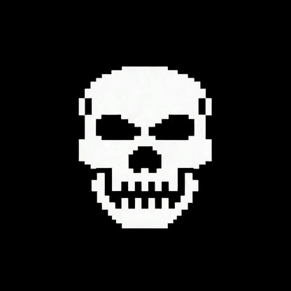 Pixelated skull icon on a black background