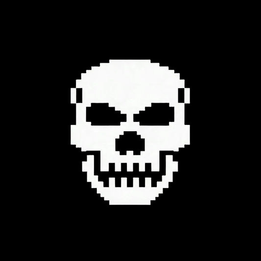 Pixelated skull icon on a black background