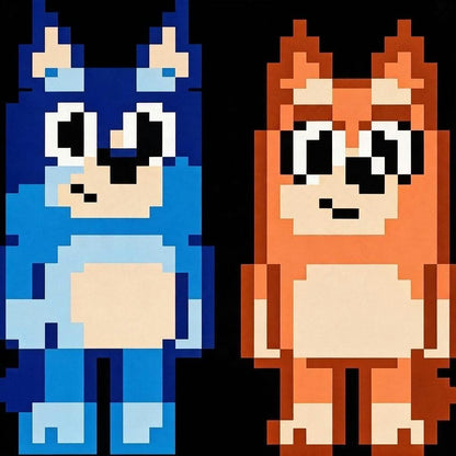 Two pixel art characters, one blue and one orange, standing side by side on a black background.