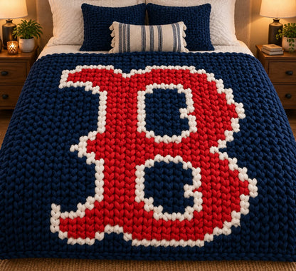 Boston B chunky knit blanket on a bed in a bedroom