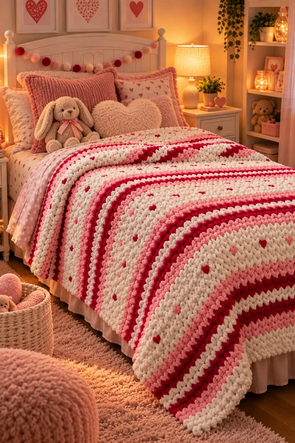 A cozy bedroom scene featuring a handmade crocheted blanket with pink and white stripes and small heart details, draped over a bed styled with matching pink pillows, a plush bunny, and heart decorations.