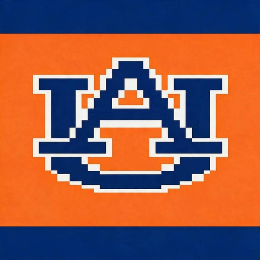 A square graphic featuring the Auburn Tigers 'Au' logo in navy blue with a white outline, centered on a bright orange background with dark blue horizontal bars at the top and bottom.