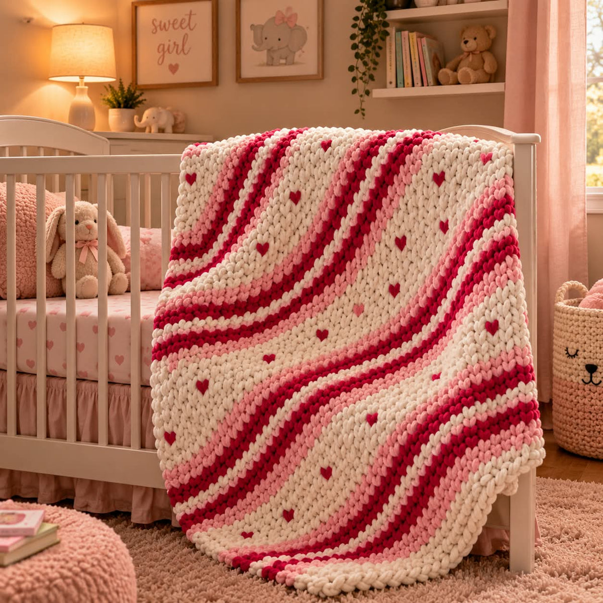 A chunky crocheted blanket with wavy stripes of cream, light pink, and dark pink, accented with small pink hearts, draped over a white crib in a cozy nursery setting.