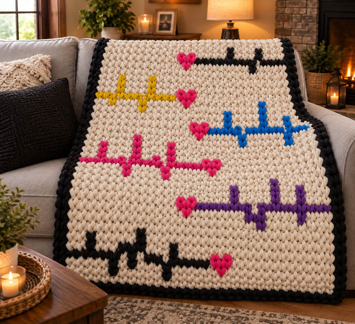 A chunky knit blanket draped over a sofa in a cozy living room. The blanket has a cream base with black heart-monitor line patterns, pink and blue EKG lines, purple heart-monitor lines, and pink hearts, bordered by black trim.