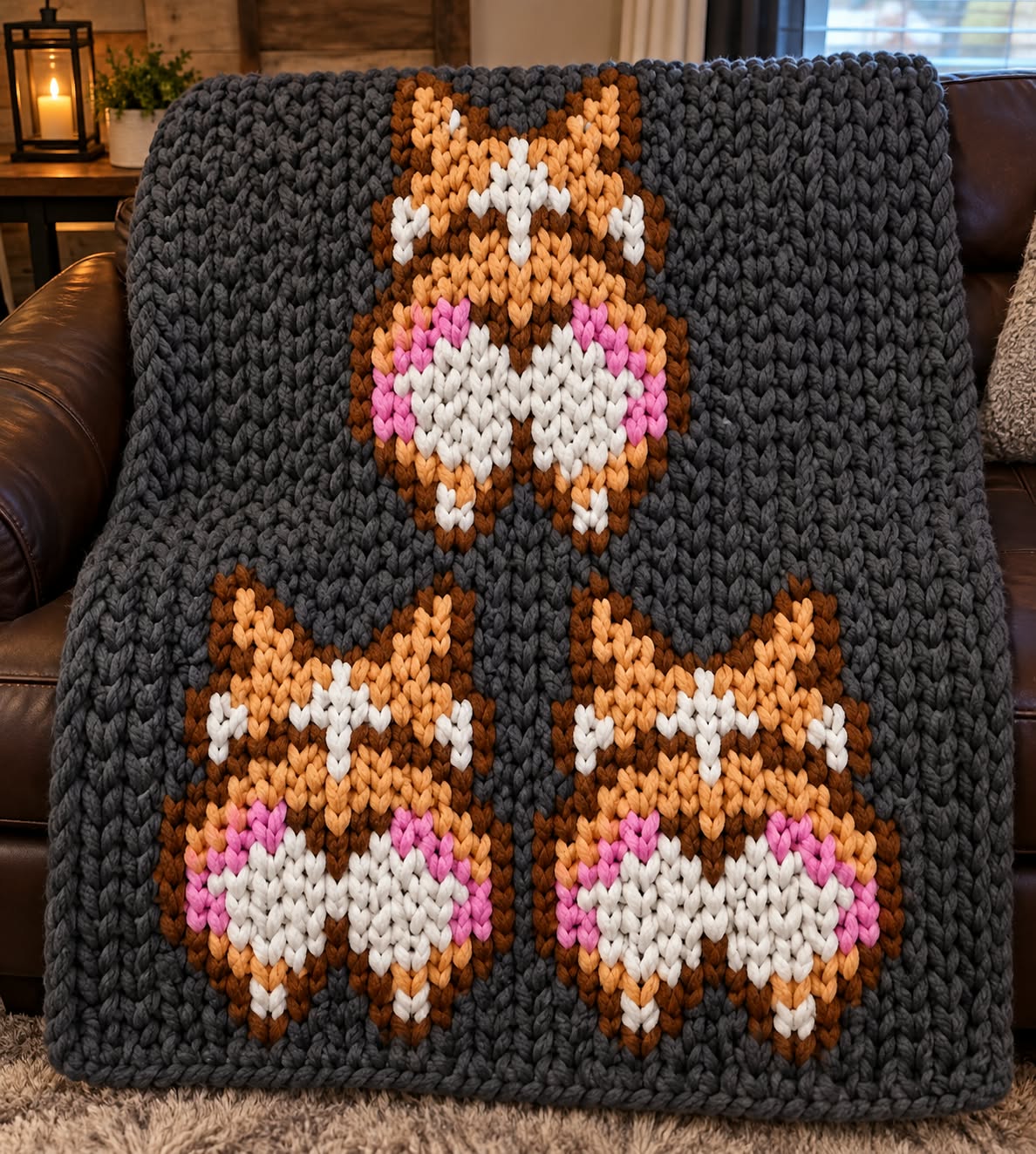 A chunky knit blanket draped over a brown leather couch in a living room. The blanket is dark charcoal gray with three stylized fox faces in orange, white, and pink.
